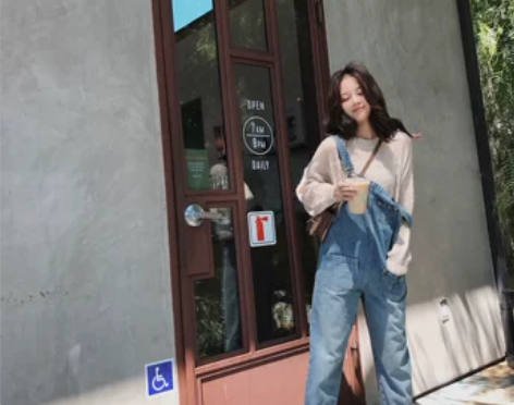 [闪亮]牛仔背带裤+宽松+阔腿+微微收脚 ...