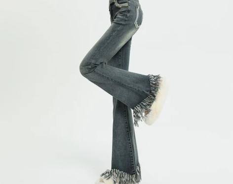 复古辣妹流苏微喇叭牛仔裤女春秋新款弹力显瘦...