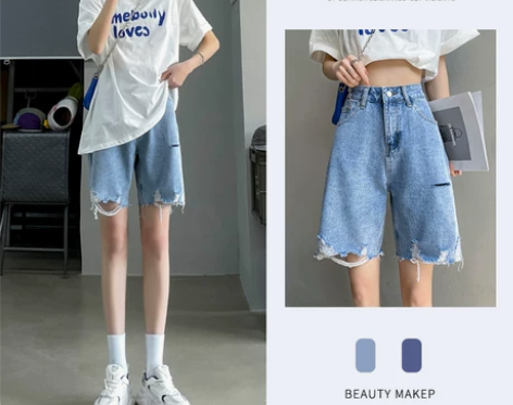 破洞五分牛仔短裤女夏季薄款新款高腰宽松直筒...