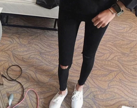 网红八分烂破洞牛仔裤女乞丐九分紧身高腰黑色...