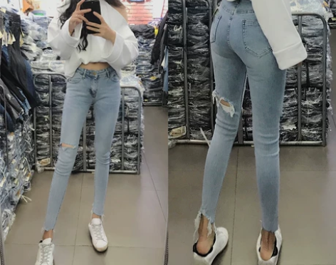 牛仔裤女浅色中腰前后破洞uzzang2新款...