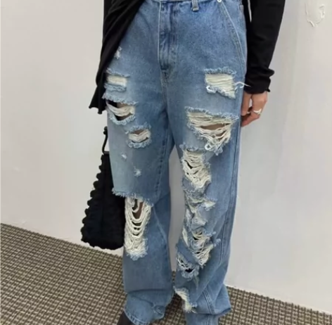 label方设计感蓝色破洞牛仔裤女夏季宽松...