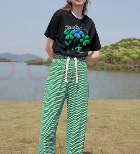 三彩2022夏季新款棋盘格松紧高腰长裤抽绳...