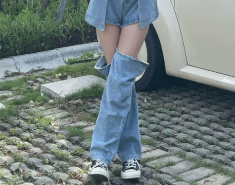 是大橘  直筒牛仔裤女高腰显瘦可拆卸松设计...