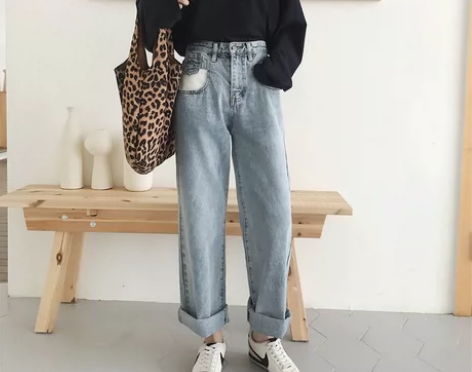 ?网红牛仔裤女秋冬新款高腰直筒阔腿宽松韩版...