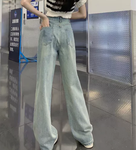 高腰双口袋窄版阔腿牛仔裤女夏薄款2023水...