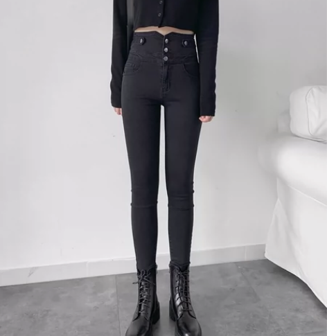 高腰黑色弹力牛仔铅笔裤,正版,实体店300...