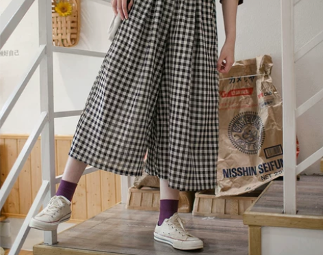 小雨良品 日系黑色棉麻格子阔腿裤女夏季薄款...