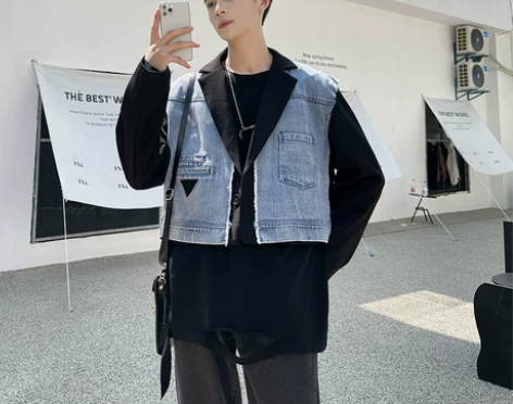 【狂欢价】高级感炸街男装拼接牛仔西装外套男...