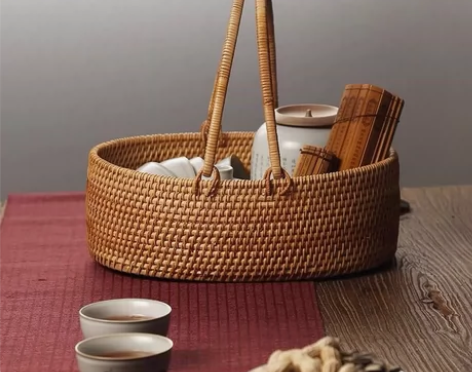 清货 纯手工越南藤编手提篮收纳茶具水果户外...