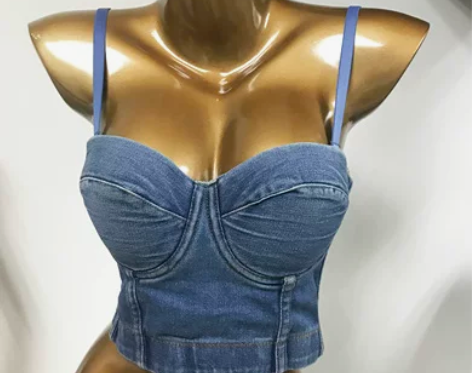 ins超火牛仔吊带背心女短款内搭外穿带胸垫...