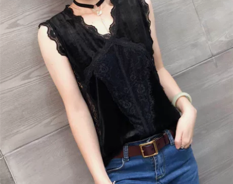 欧洲站秋冬新款V领金丝绒背心女背后美背蕾丝...