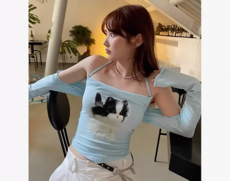 冻拜爱丝  可爱小猫印花纯欲辣妹挂脖吊带背...