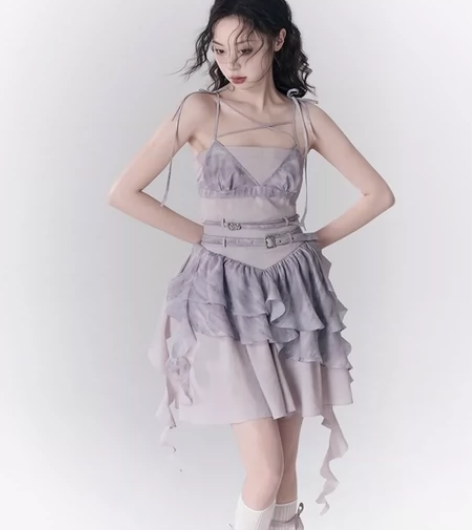 SALTHe盐茶“坠梦芭蕾”木耳边飘带连衣...