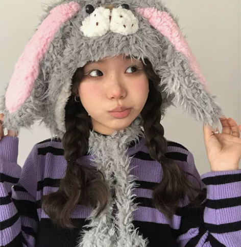 甜妹bi入毛绒长耳朵兔子帽减龄保暖套头帽大...