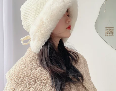 毛绒拼接护耳毛线帽女秋冬天保暖加绒针织帽子...