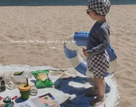 ins儿童泳衣男童中小童棋盘格子分体防晒长...