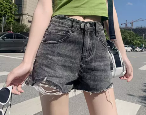 烟灰色牛仔短裤女2023新款夏季美式毛边