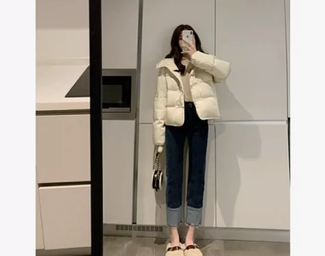 楚楚 高腰拼色牛仔裤开春新款不规则设计毛边...