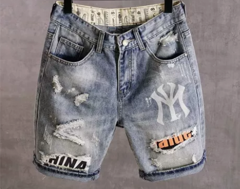 牛仔短裤男2023新款夏季薄款修身破洞高端...