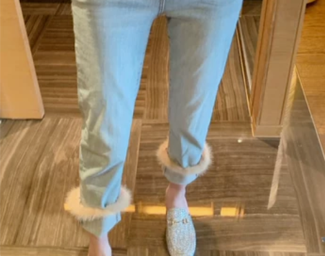 81◆张静芝 春季小毛边翻边浅蓝九分裤薄款...