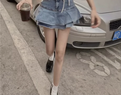 牛仔裙半身裙女法式复古高腰蛋糕裙百褶a字裙...