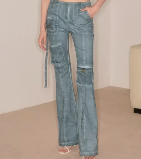 ECODAY 辣妹风微喇显瘦水洗做旧工装裤...