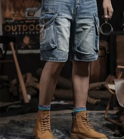 牛仔短裤男潮款夏季外穿美式复古宽松休闲多口...