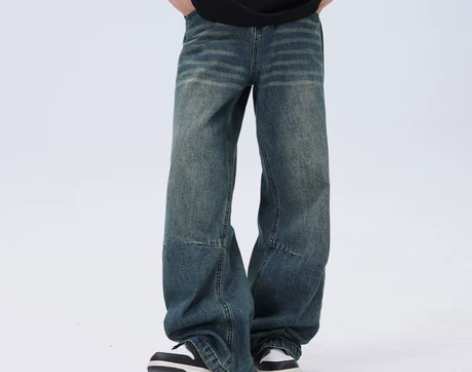 记得加辣 美式复古水洗做旧直筒牛仔裤男女宽...