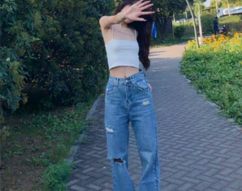 BABY SNAKE 高腰直筒牛仔长裤 膝...