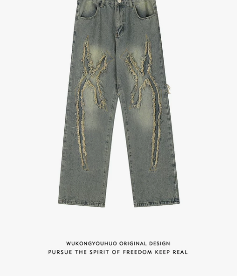 悟空有货美式街头做旧贴补刺绣直筒牛仔裤男潮...