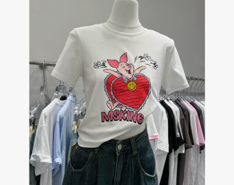 高腰短款T恤2023夏季可爱小猪印花弹力