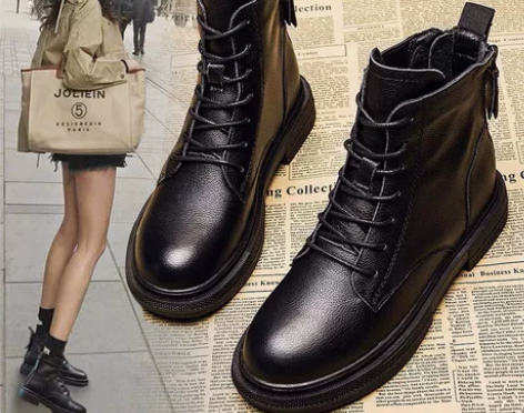 真皮内增高马丁靴女英伦风新款靴子平底机车短...