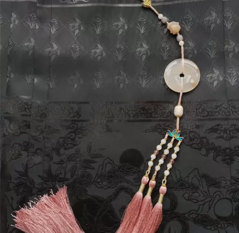 「腰佩禁步」原创手工编绳樱花玛瑙和田玉汉服...