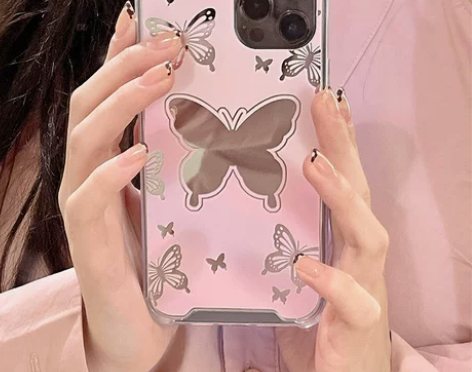 适用苹果11pro手机壳粉色蝴蝶镜面iph...