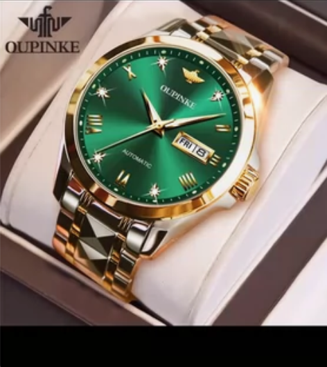 欧品客瑞士手表机械手表男士绿色九成新，包装...