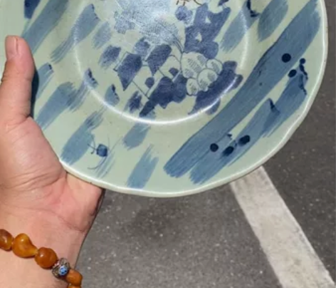 清代豆青釉青花山水人物盘 瓷器 盘子 不接...