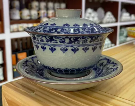 景德镇老陶泥青花宝相三才盖碗单个陶瓷茶具泡...