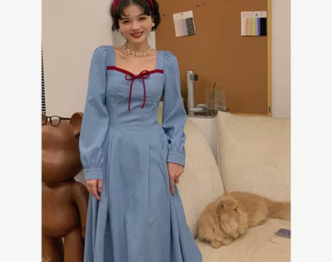 倾城之恋 法式方领冻龄复古自带胸垫灯芯绒连...