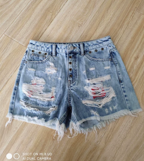 拉夏贝尔品牌全新M码高腰无弹力牛仔短裤 剪...