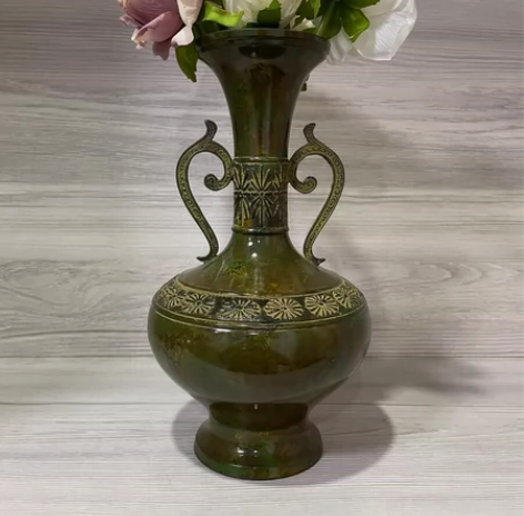 日本回流七十年代兼荀作纯铜菊花花卉双耳花瓶...