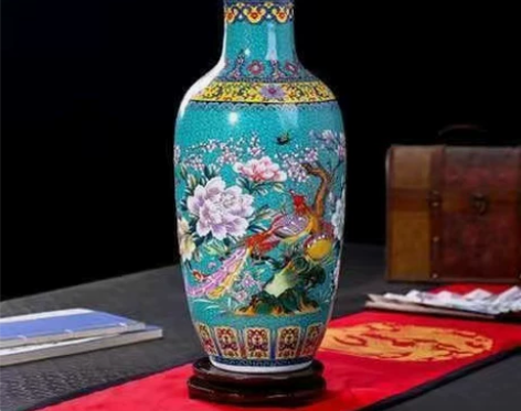 低价正品蓝色珐琅彩景德镇陶瓷花瓶插花摆件中...