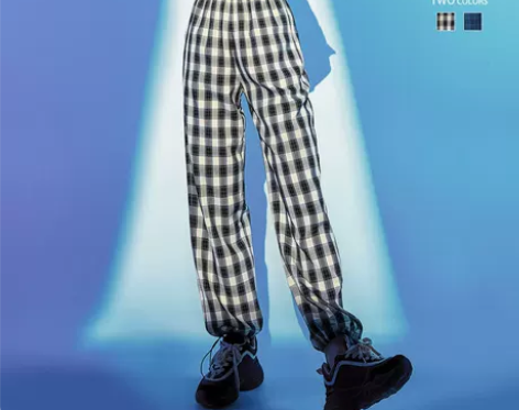 乐町抽绳格纹裤春装新款宽松直筒可束脚格子休...