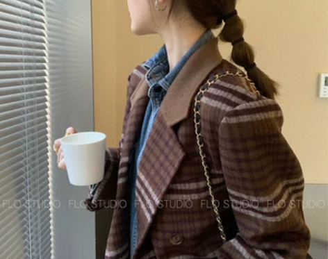 FLO定制 棕拼色格纹双面羊毛大衣外套短款...