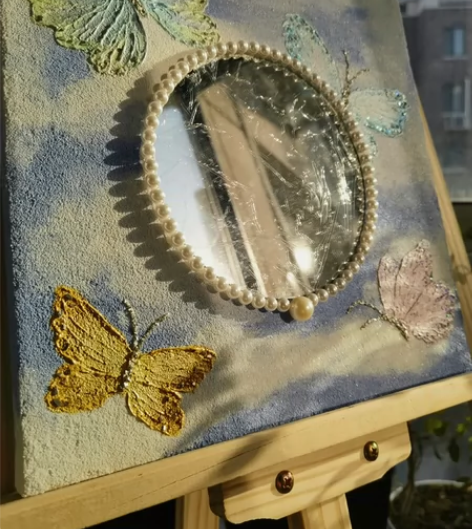 肌理画镜子原创成品手绘蝴蝶装饰画挂画梳妆台...