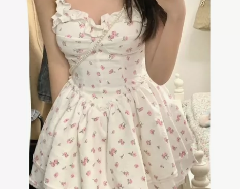 法式气质小个子吊带裙连衣裙女夏季蓬蓬裙碎花...