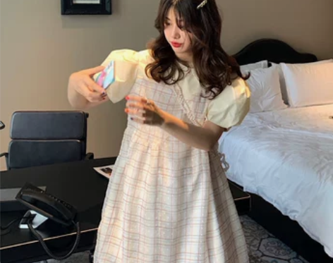 PINKMOOM/自制奶黄色衬衣网纱连衣裙...