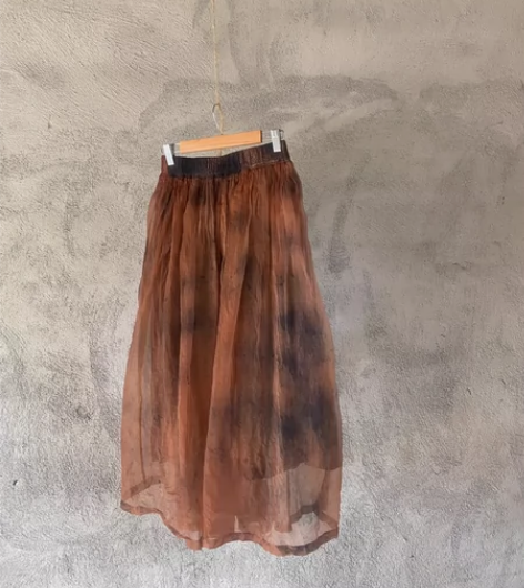 植物染半身裙真丝欧根纱草木染文艺风格 没有...