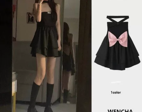 赫本纯欲辣妹风裙蝴蝶结蓬蓬裙小个子挂脖可爱...