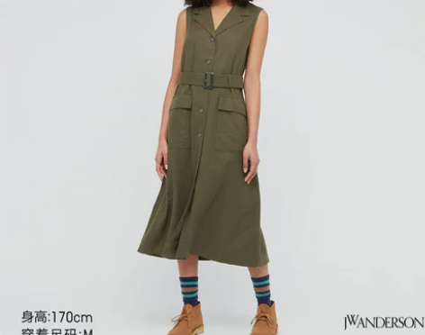 优衣库【合作款】女装麻混纺西装领系带连衣裙...